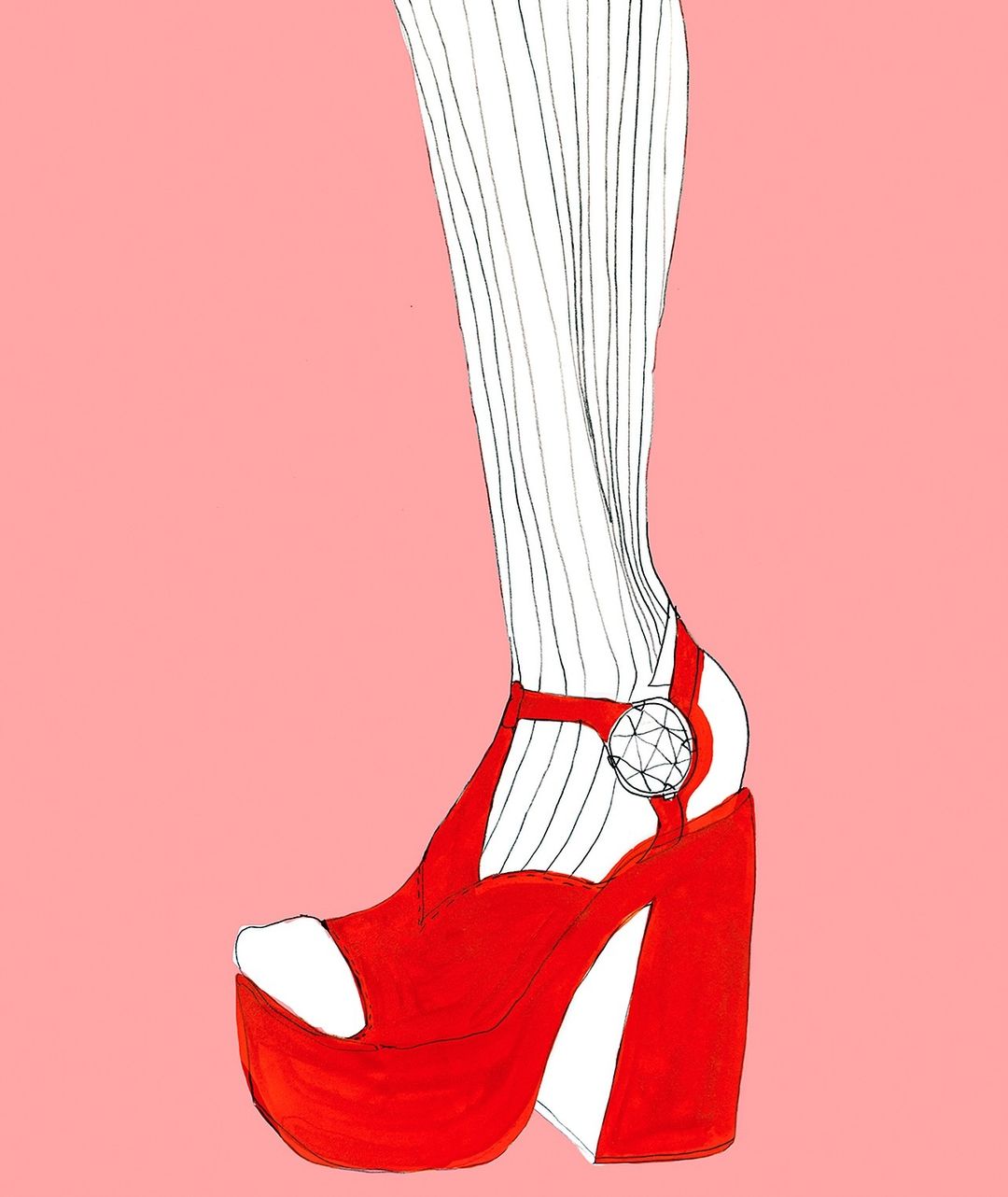 Illustration of a woman's leg wearing white striped stockings and a red platform sandal with a jewel on a pink background.
