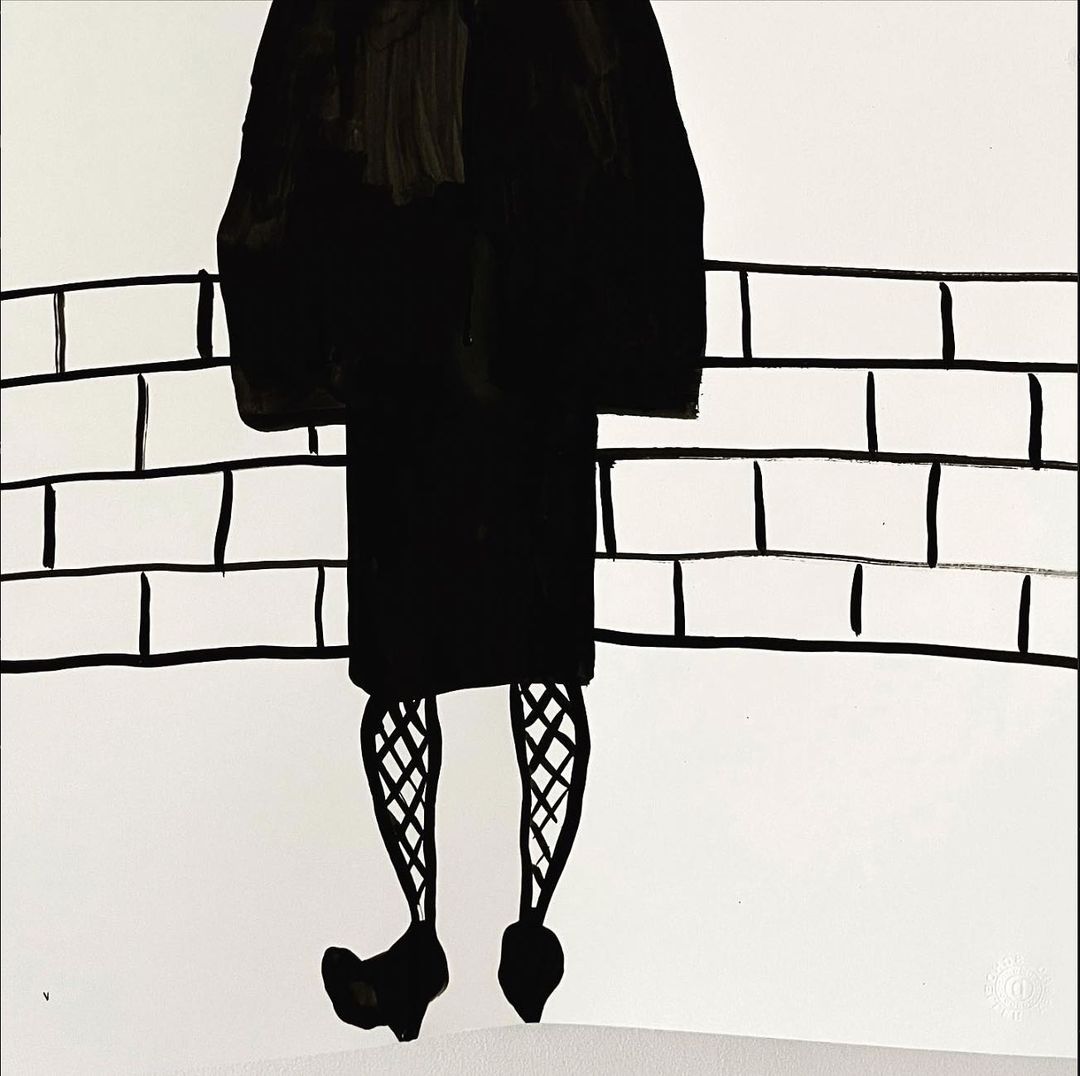 Illustrated figure in black coat and patterned tights against a brick wall background by Christina Zimpel.