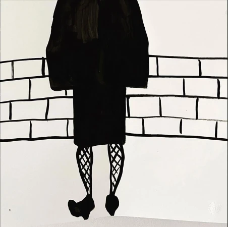 Illustrated figure in black coat and patterned tights against a brick wall background by Christina Zimpel.