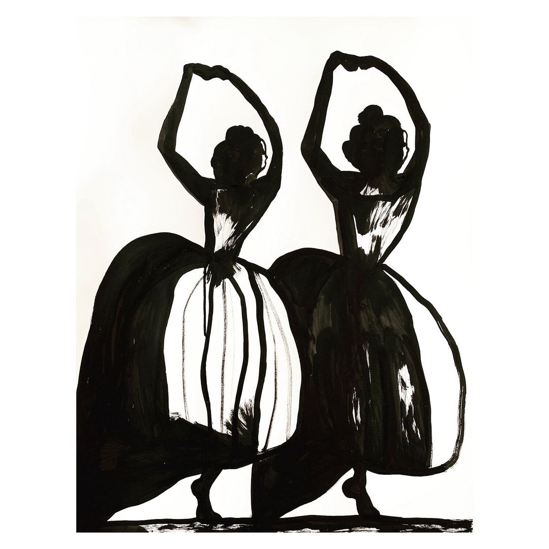 Black and white illustration of two figures in dresses, their hands raised above their heads. The image has a painterly quality.