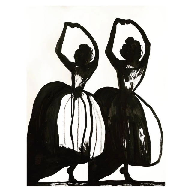 Black and white illustration of two figures in dresses, their hands raised above their heads. The image has a painterly quality.
