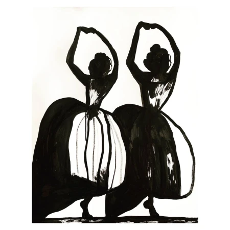 Black and white illustration of two figures in dresses, their hands raised above their heads. The image has a painterly quality.