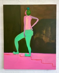 Colorful figurative painting by Christina Zimpel featuring a stylized figure in green trousers and pink top against dark background