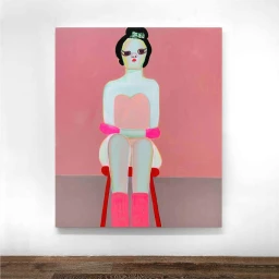 An illustration of a seated figure wearing pink accessories and warm tones against a solid pink backdrop by Christina Zimpel.