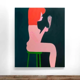 Illustration of a seated woman with bright red hair smoking a cigarette on a green stool against a dark background by Christina Zimpel.
