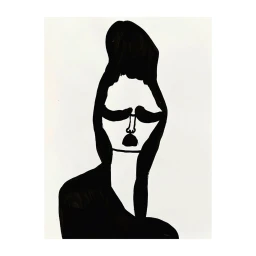 Minimalist black and white ink illustration of a stylized figure with dark hair and sunglasses by Christina Zimpel.