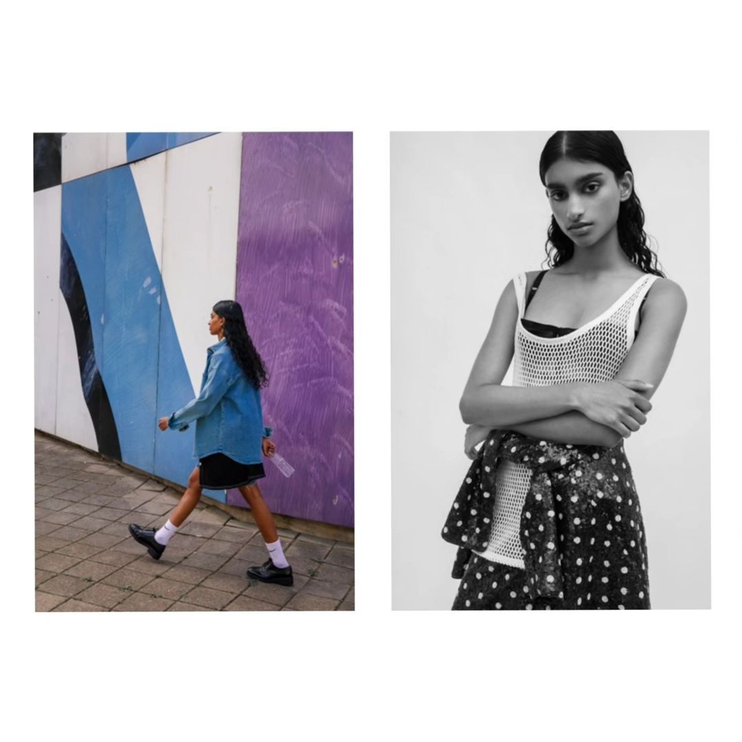 Two-panel image shows a woman walking in denim and a studio portrait in monochrome, highlighting fashion and style.