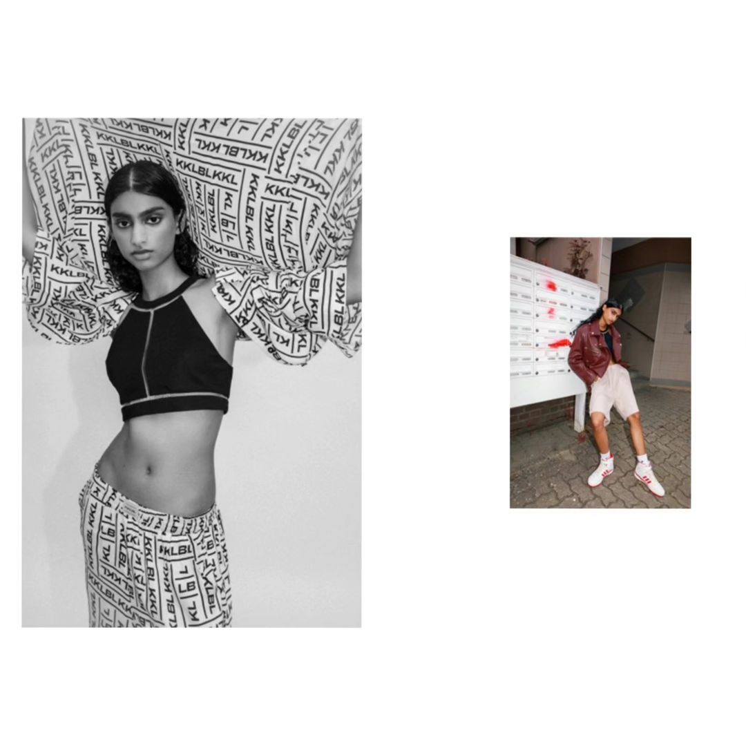 Monochrome studio shot of a stylish South Asian woman wearing a crop top and patterned skirt with a matching shawl; second person poses in the background.