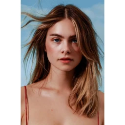 Portrait of a young woman with long blonde-highlighted hair blowing in the wind against a clear blue sky background.