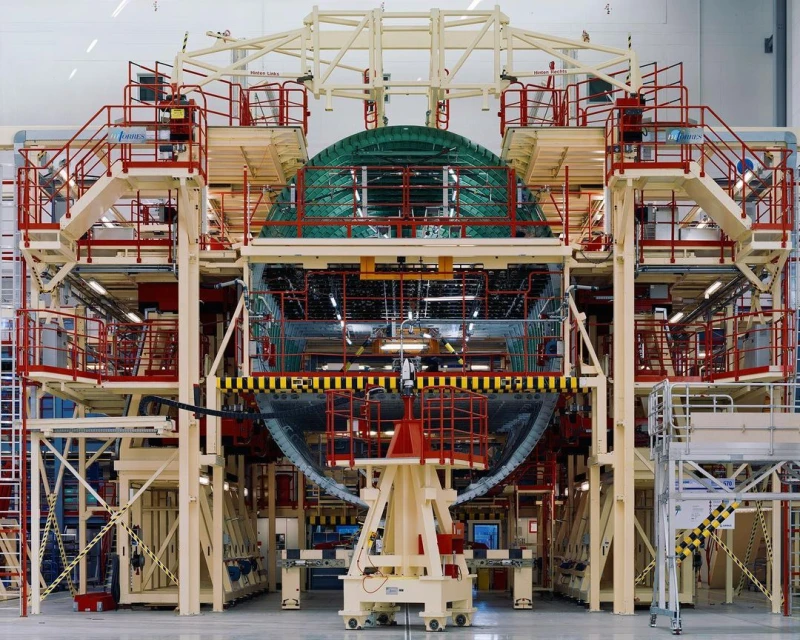 Interior of an aircraft assembly plant with scaffolding, cranes, and various mechanical and electrical systems visible.