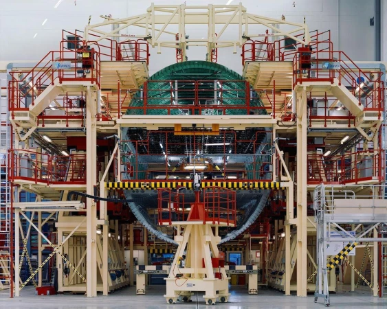 Interior of an aircraft assembly plant with scaffolding, cranes, and various mechanical and electrical systems visible.
