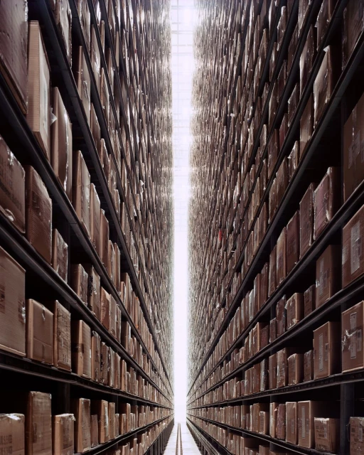 A warehouse aisle shows long rows of shelves filled with stacked boxes receding into the distance, lit by bright overhead lighting.