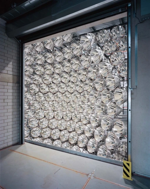 View of a warehouse interior through a partially open shutter door, with a grid of mirrored reflectors filling the space.
