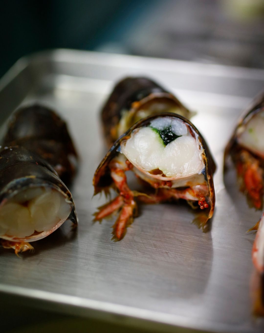 Close-up of prepared lobster tails on a stainless steel tray, showcasing their white meat and reddish-brown shells, ready for cooking.