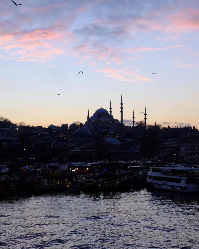 Silhouette of a large historic mosque with domes and minarets against a twilight sky above dark waters with boats.