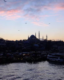 Silhouette of a large historic mosque with domes and minarets against a twilight sky above dark waters with boats.