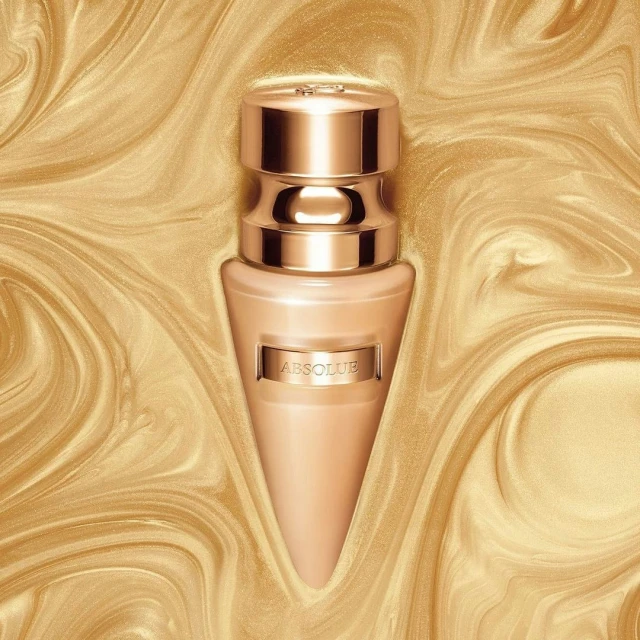Luxurious perfume bottle on a swirling gold background, highlighting its unique design and branding. Beauty product presentation.