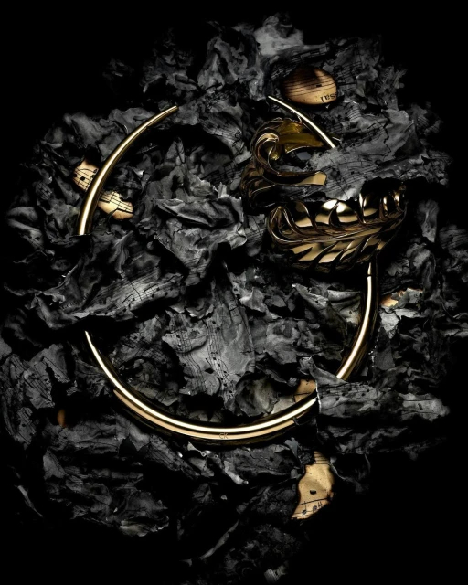 Dramatic studio shot featuring golden metal jewelry on a bed of charred paper, creating a stark contrast of dark and light elements.