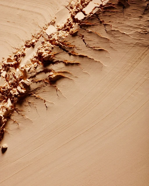 Macro texture of beige powder with cracks and lines forming abstract pattern, suitable for beauty or geological concepts.