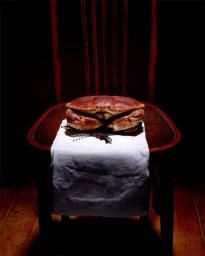 A whole cooked crab rests on a white napkin draped over a dark wooden chair in dramatic chiaroscuro lighting.