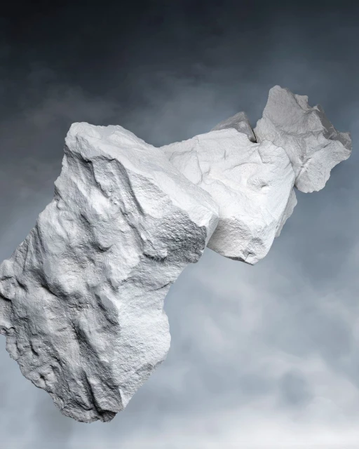 Abstract digital art of two large white rocks floating in a gray cloudy sky, creating a surreal and visually striking landscape.