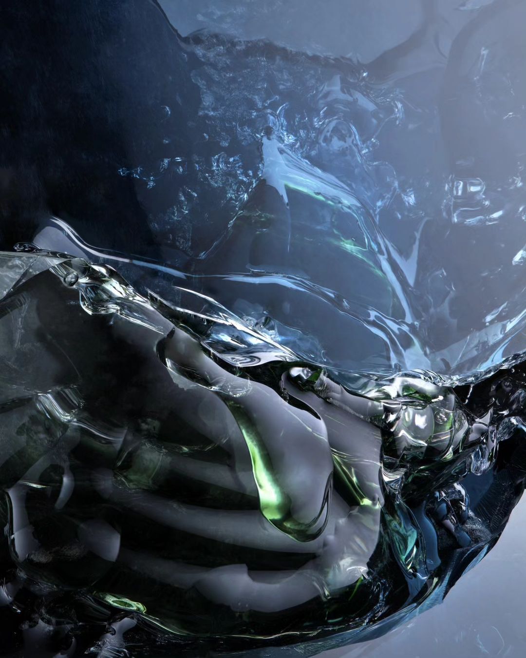 Abstract image of water with dynamic movement, showcasing translucent textures and blue and green hues in a swirling composition.