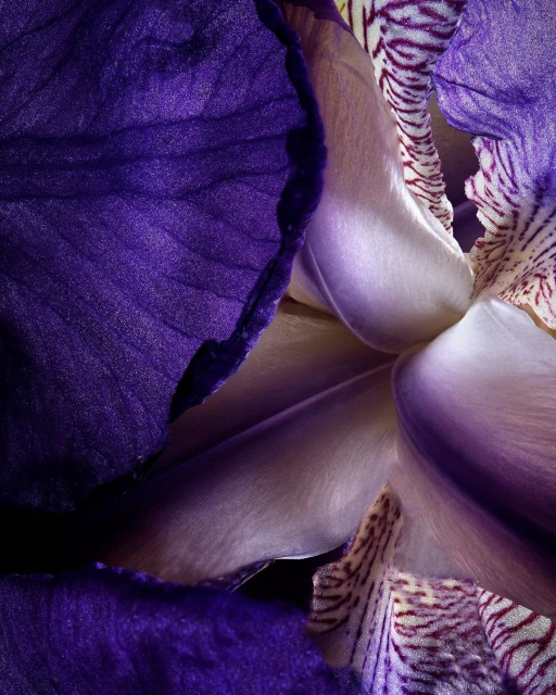 Close-up photo of a vibrant purple iris flower with striped white and purple accents, showcasing detailed textures and patterns on the petals.