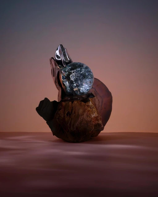 Abstract studio still life featuring a glass orb resting on wood with a blurred background, bathed in diffused, warm-toned lighting.
