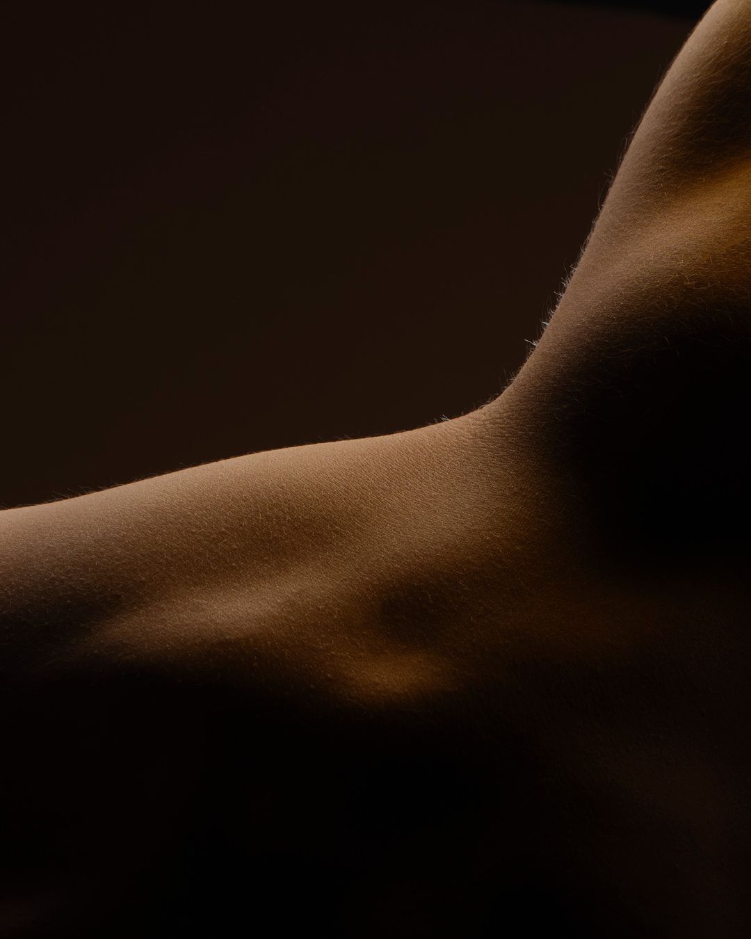 Close-up of the upper arm and shoulder of an adult with warm lighting highlighting the skin's texture and subtle shadows.