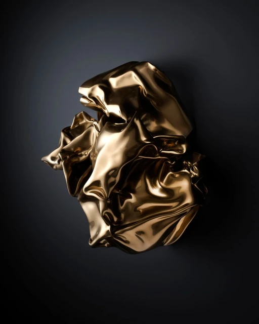 Abstract photo of a gold metallic-colored crumpled fabric sculpture against a dark background, reflecting studio lighting.