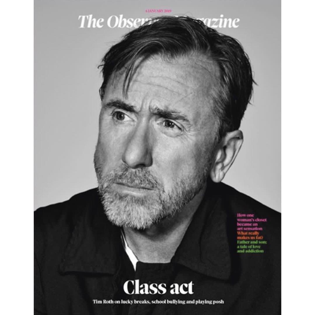 Headshot of Tim Roth in black and white. The Observer Magazine cover with gray background and dark jacket. 'Class Act' headline.