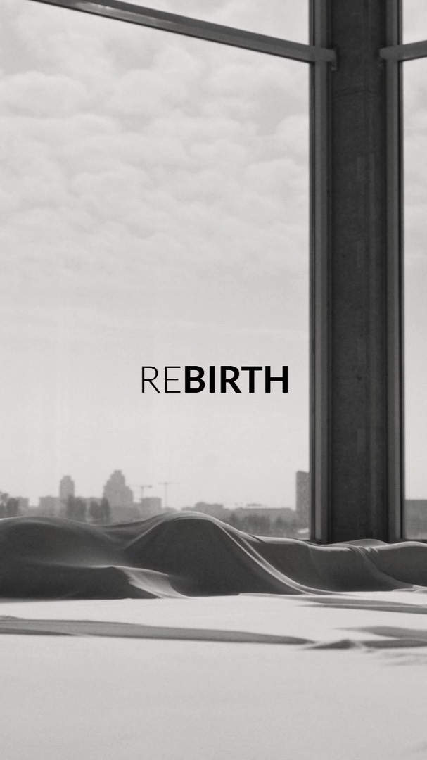 Abstract monochrome composition with cityscape view through architectural structure, sand dunes, and the word 'REBIRTH' overlay.