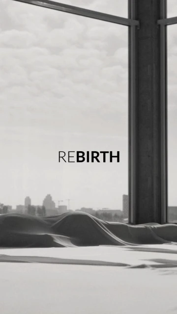 Abstract monochrome composition with cityscape view through architectural structure, sand dunes, and the word 'REBIRTH' overlay.