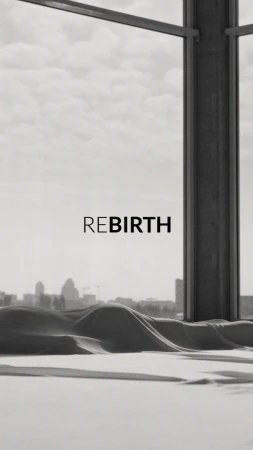 Abstract monochrome composition with cityscape view through architectural structure, sand dunes, and the word 'REBIRTH' overlay.