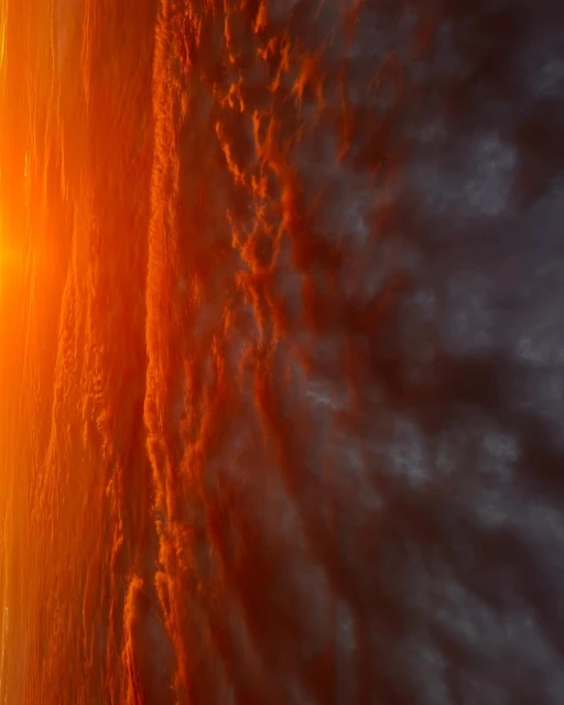 Dramatic cloudscape with orange sunlight breaking through dark storm clouds, creating a textured and visually striking skyscape.