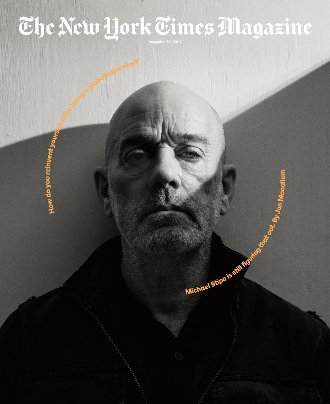The New York Times Magazine cover featuring a portrait of Michael Stipe in a black-and-white photo with shadow play on the textured wall background.