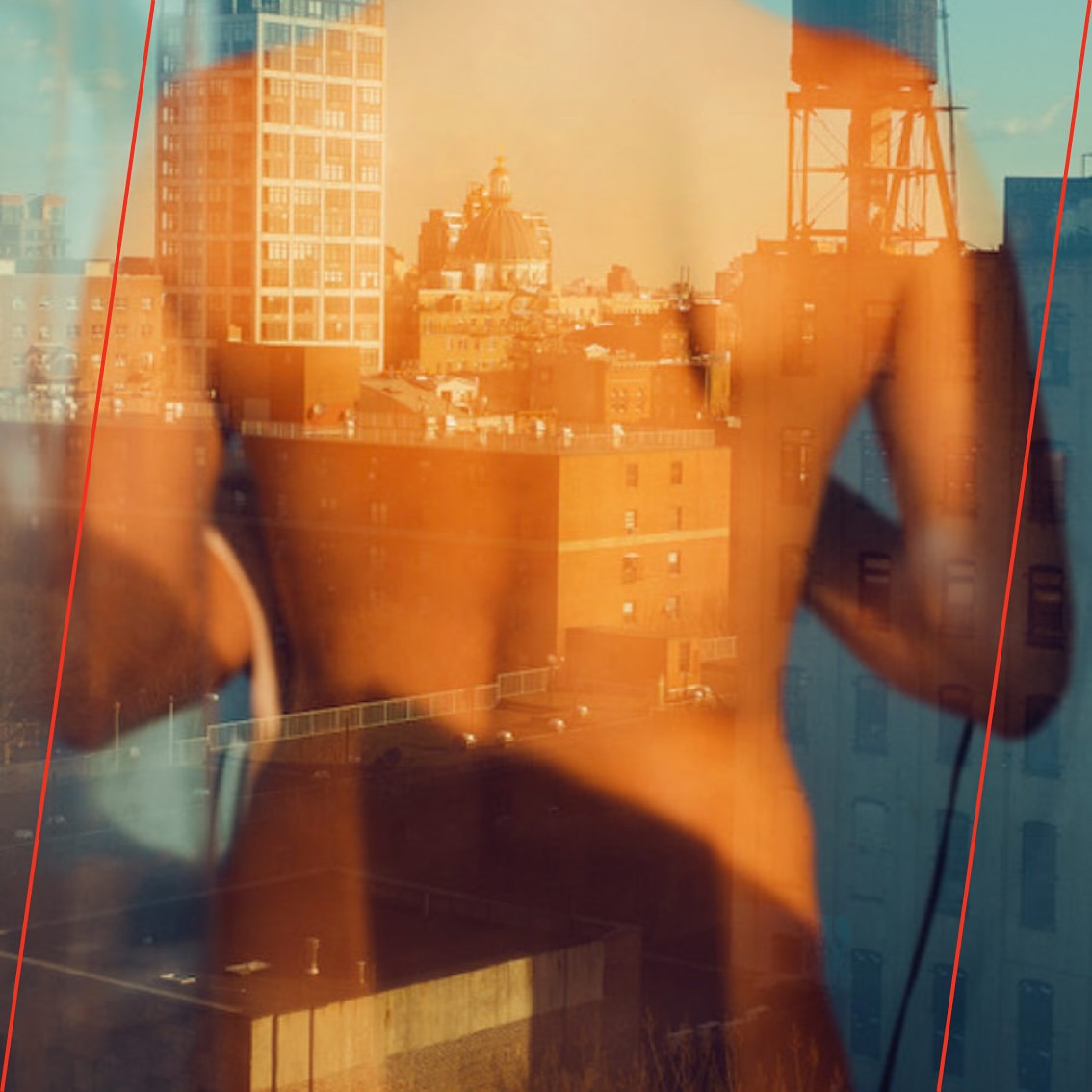 Abstract double exposure of a partially undressed person in a city, featuring building silhouettes and an orange-and-blue color palette.