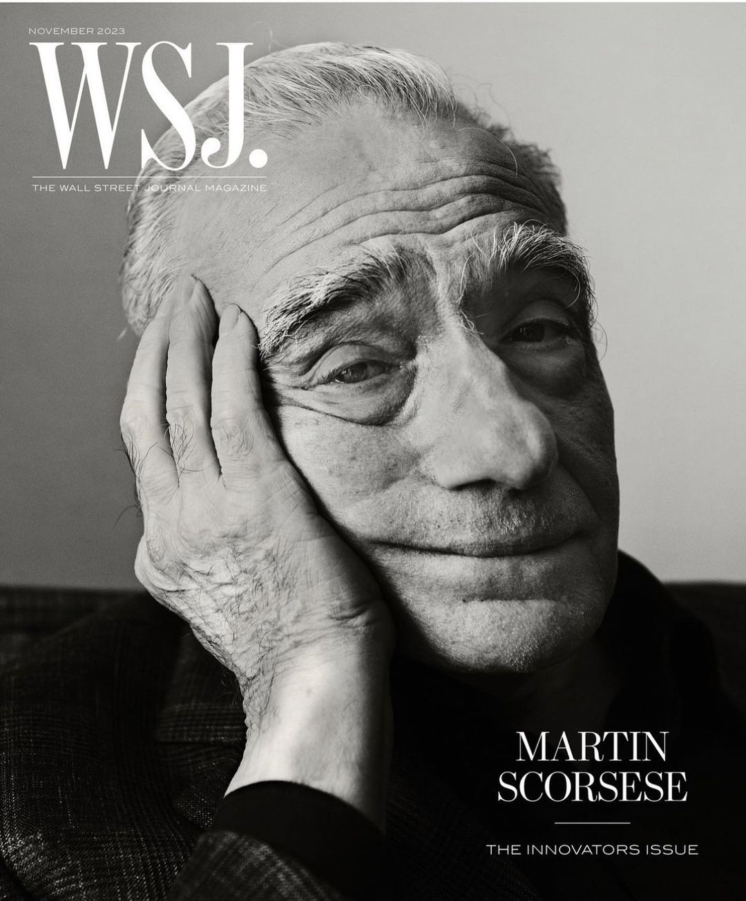 Black-and-white magazine cover portrait of Martin Scorsese, November 2023 Innovators Issue of WSJ. Magazine, with his hand to his face.