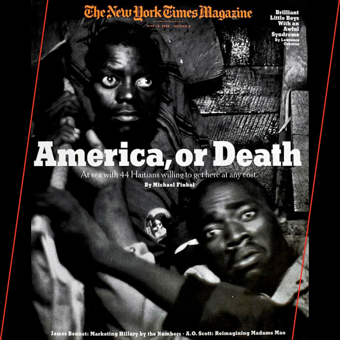 Cover of The New York Times Magazine featuring two Black male adults with dramatic expressions and dark, desaturated color palette.