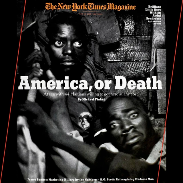 Cover of The New York Times Magazine featuring two Black male adults with dramatic expressions and dark, desaturated color palette.