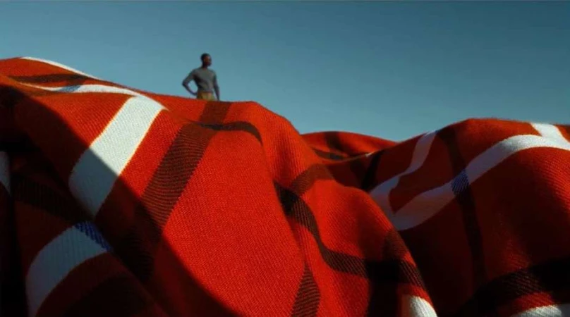 Man stands on a red patterned blanket in an outdoor setting against a clear blue sky, creating a surreal or miniature effect.