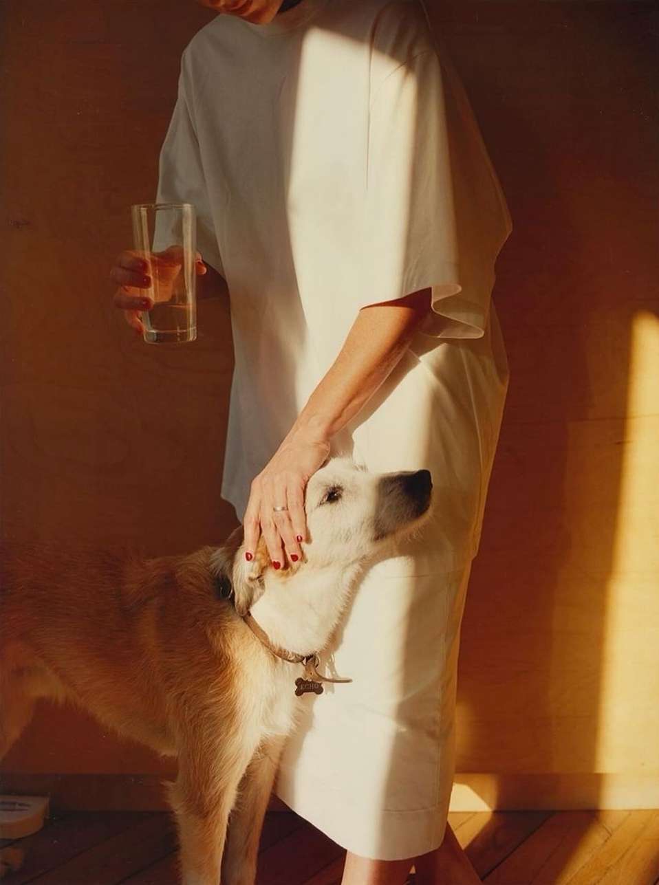 Woman stands indoors with a dog and glass, captured with warm lighting. The composition emphasizes the interaction between the human and animal.