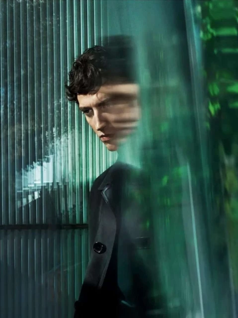 Portrait of a brunette adult woman in a dark jacket, peering through a textured glass panel with green and blue tones indoors.