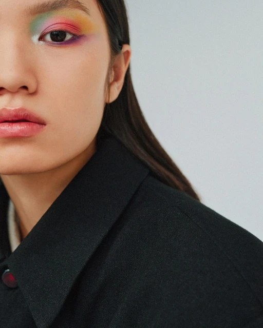 Close-up of an Asian woman with vibrant, multi-colored eyeshadow and a dark, textured coat against a light background in a beauty shot.