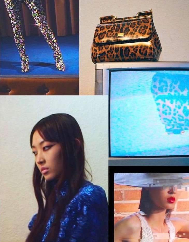 Collage with a young Asian woman, floral leggings, leopard print handbag, and television sets showing people in various settings.