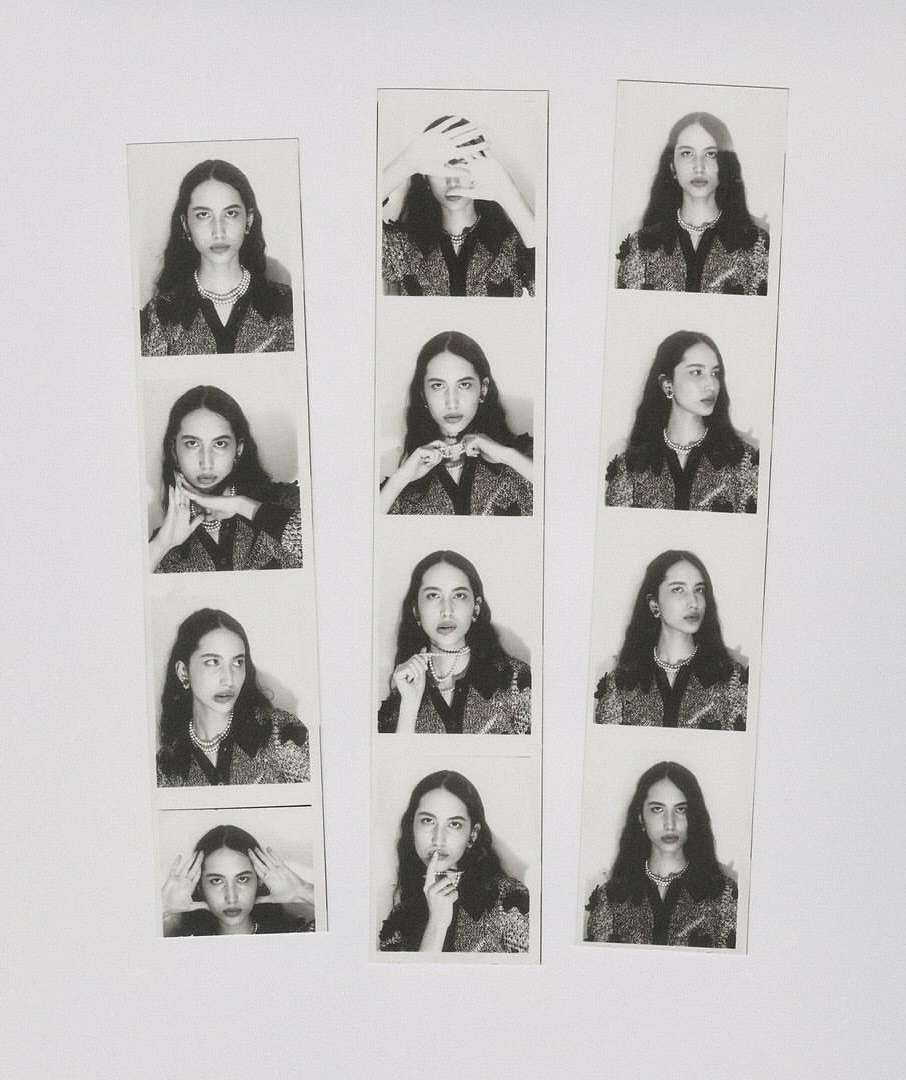 Collage of photo booth style strips showing a young woman with long hair in multiple poses against a white background.