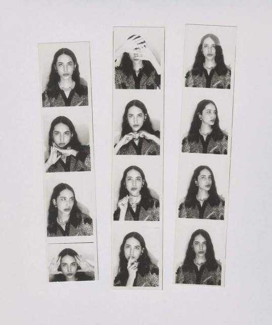 Collage of photo booth style strips showing a young woman with long hair in multiple poses against a white background.