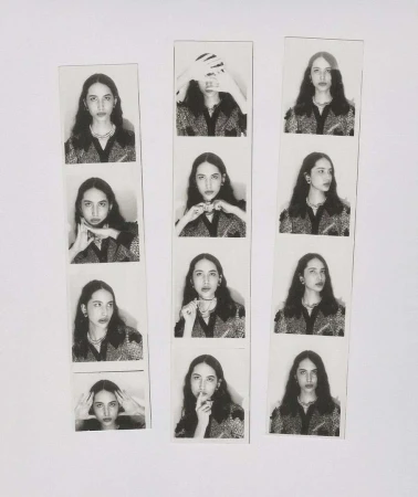 Collage of photo booth style strips showing a young woman with long hair in multiple poses against a white background.