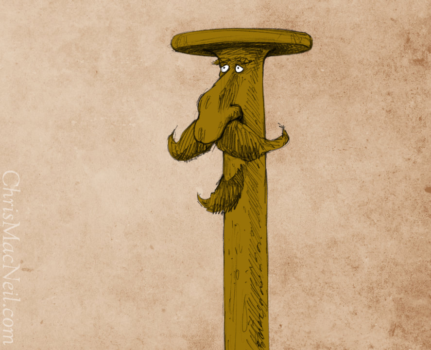 Illustration of a cartoon nail character with eyes and a mustache, set against a mottled beige background with signature mark.