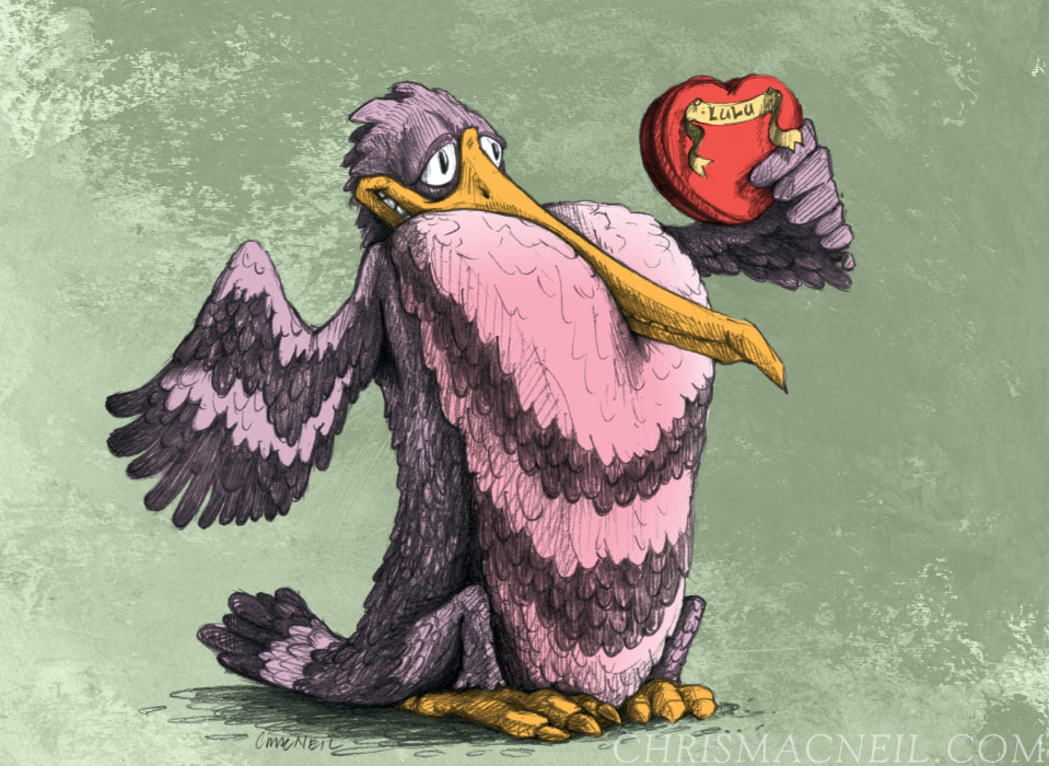 Cartoon bird holds heart-shaped 'Lulu' Valentine's candy box, set against a mottled green background, created in a detailed drawing style.